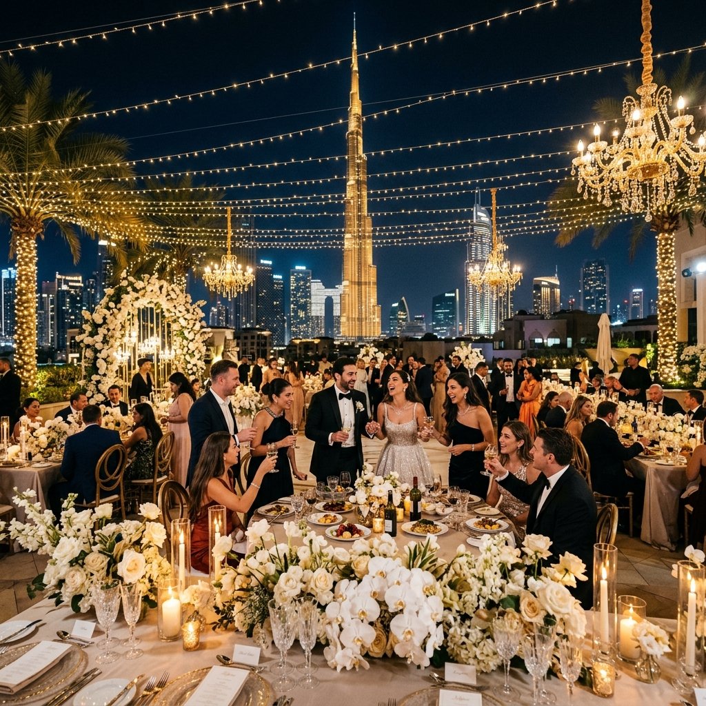 Luxurious wedding reception in Dubai with Burj Khalifa by Adnan Events