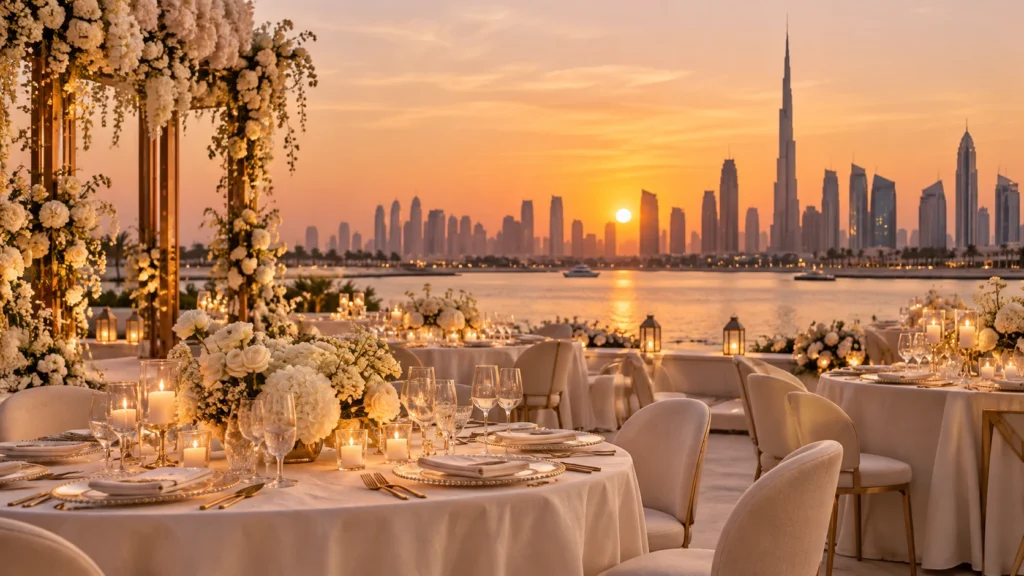 Wedding reception with ivory flowers overlooking the Dubai skyline at sunset