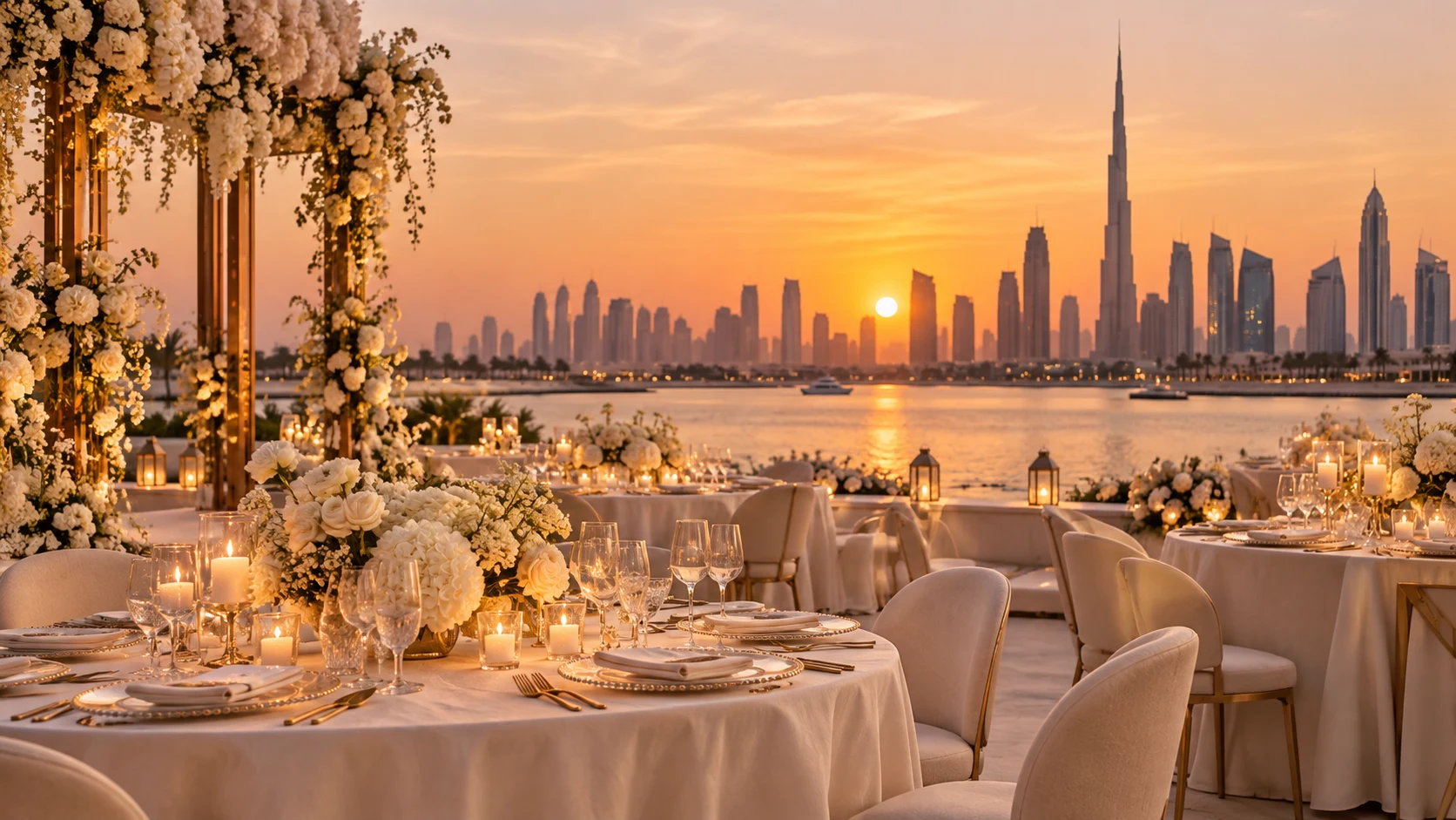 Wedding reception with ivory flowers overlooking the Dubai skyline at sunset