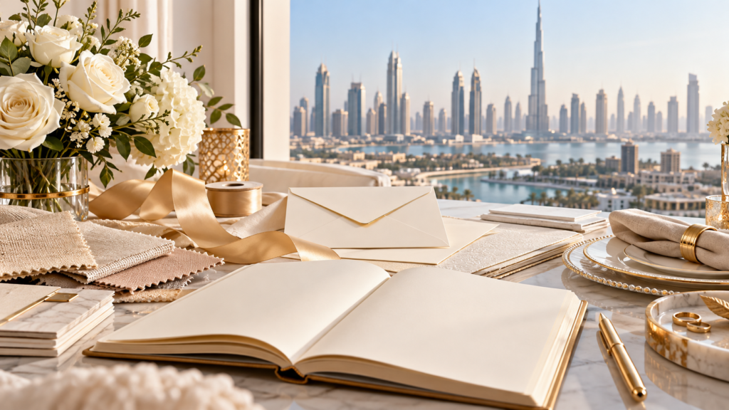 Wedding planning notebook, ivory flowers and gold details overlooking the Dubai skyline